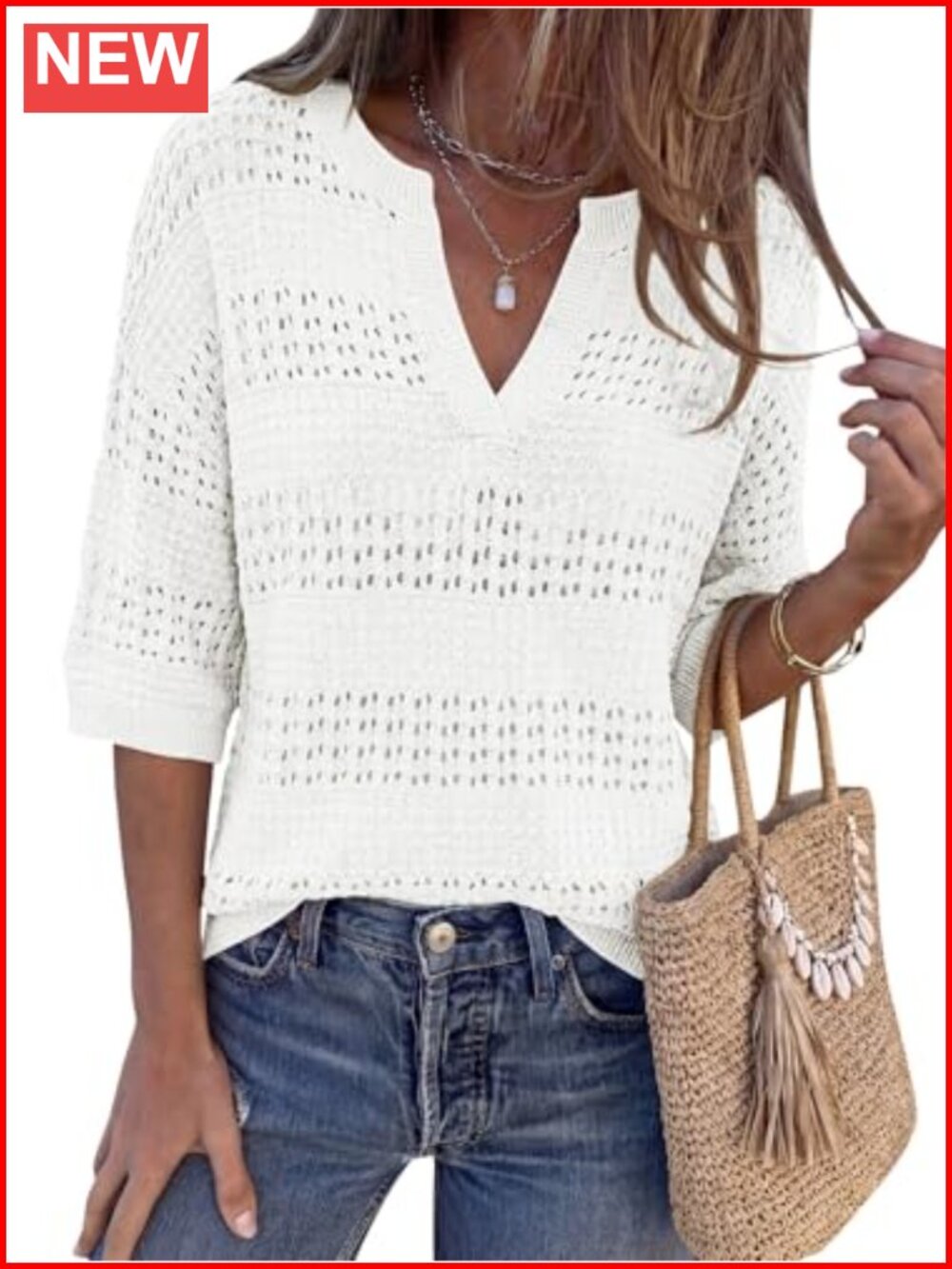 Crochet Knit V-Neck Short Sleeve Oversized Pullover Sweater Beach Cover Up